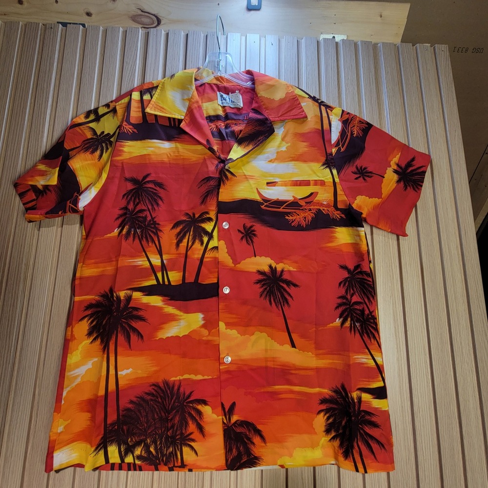 Kai Nani Hawaiian Shirt Mens Large Sunset Palm Tree Scenic Camp Button Up USA